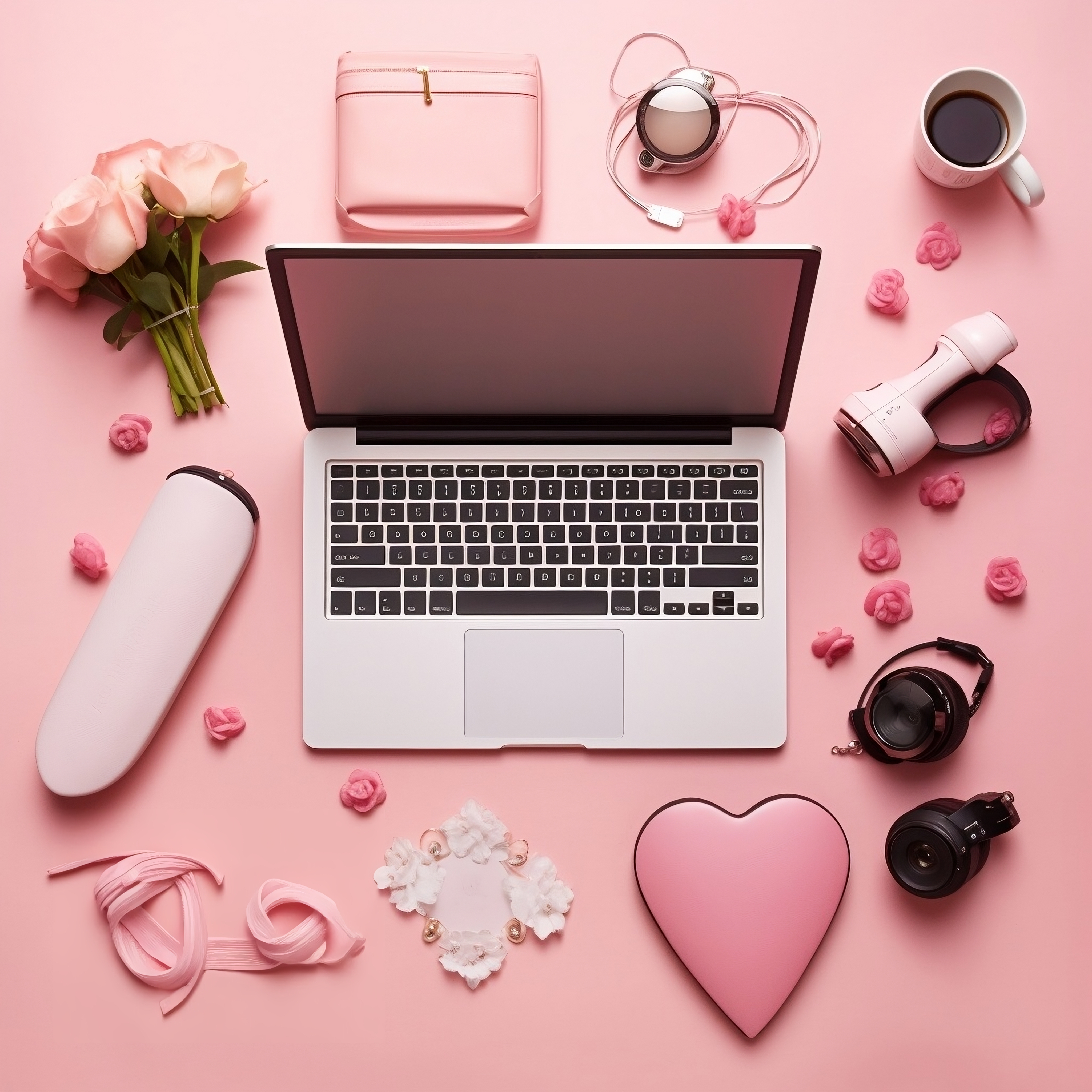 Laptop with Roses and Accessories. Generative AI